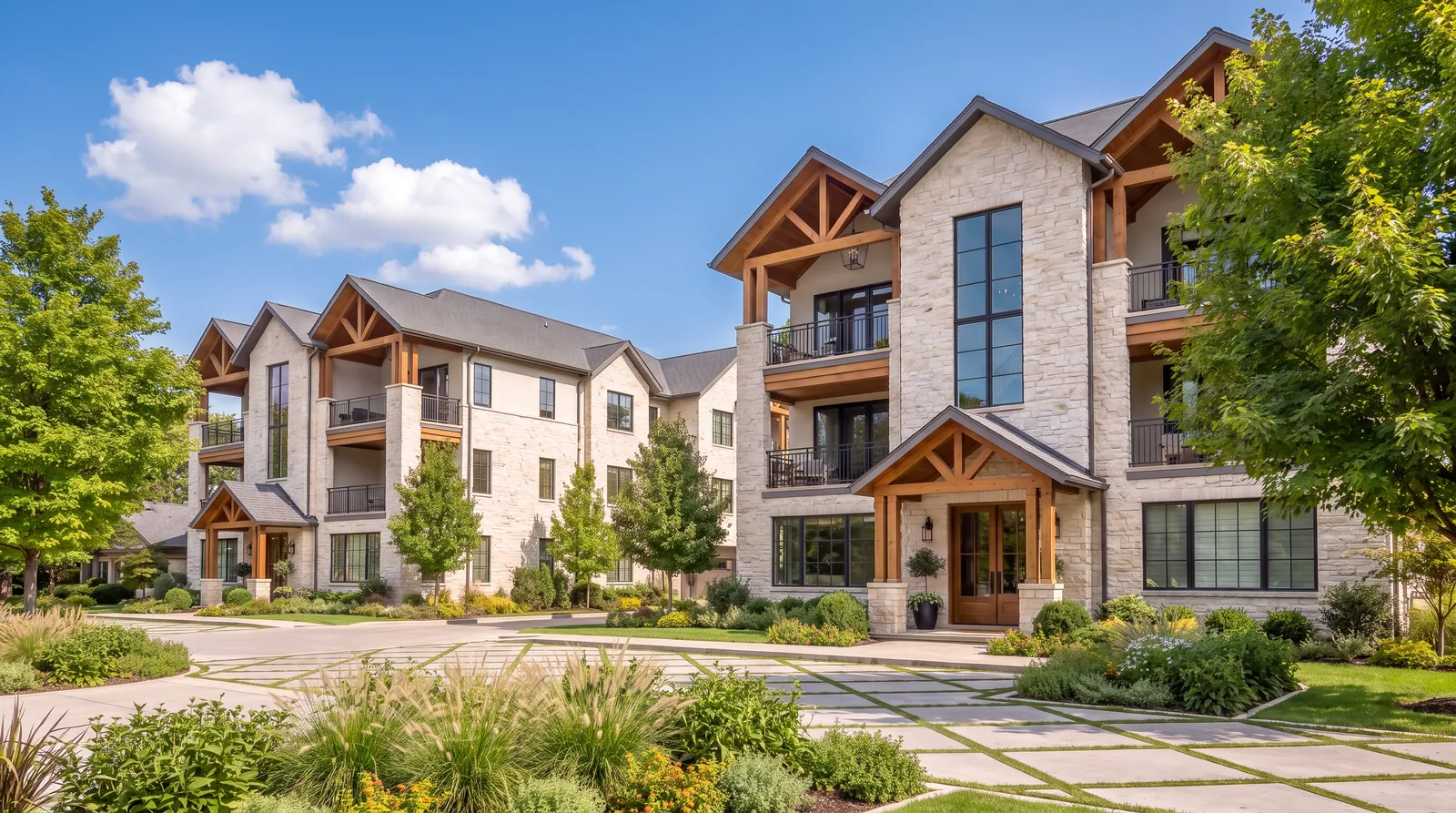 Stone and wood condo buildings with fall landscaping