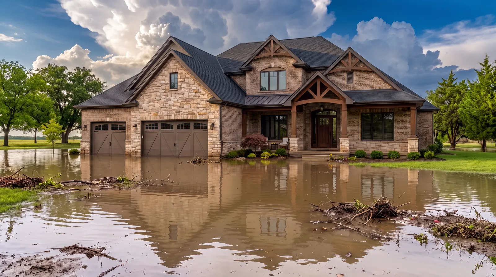 Floodwater surrounding a stone house after heavy rain