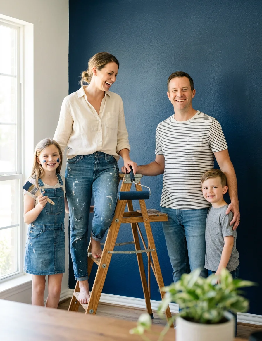 A smiling family of four in front of a freshly painted navy blue wall, mom on a step ladder with a paint roller