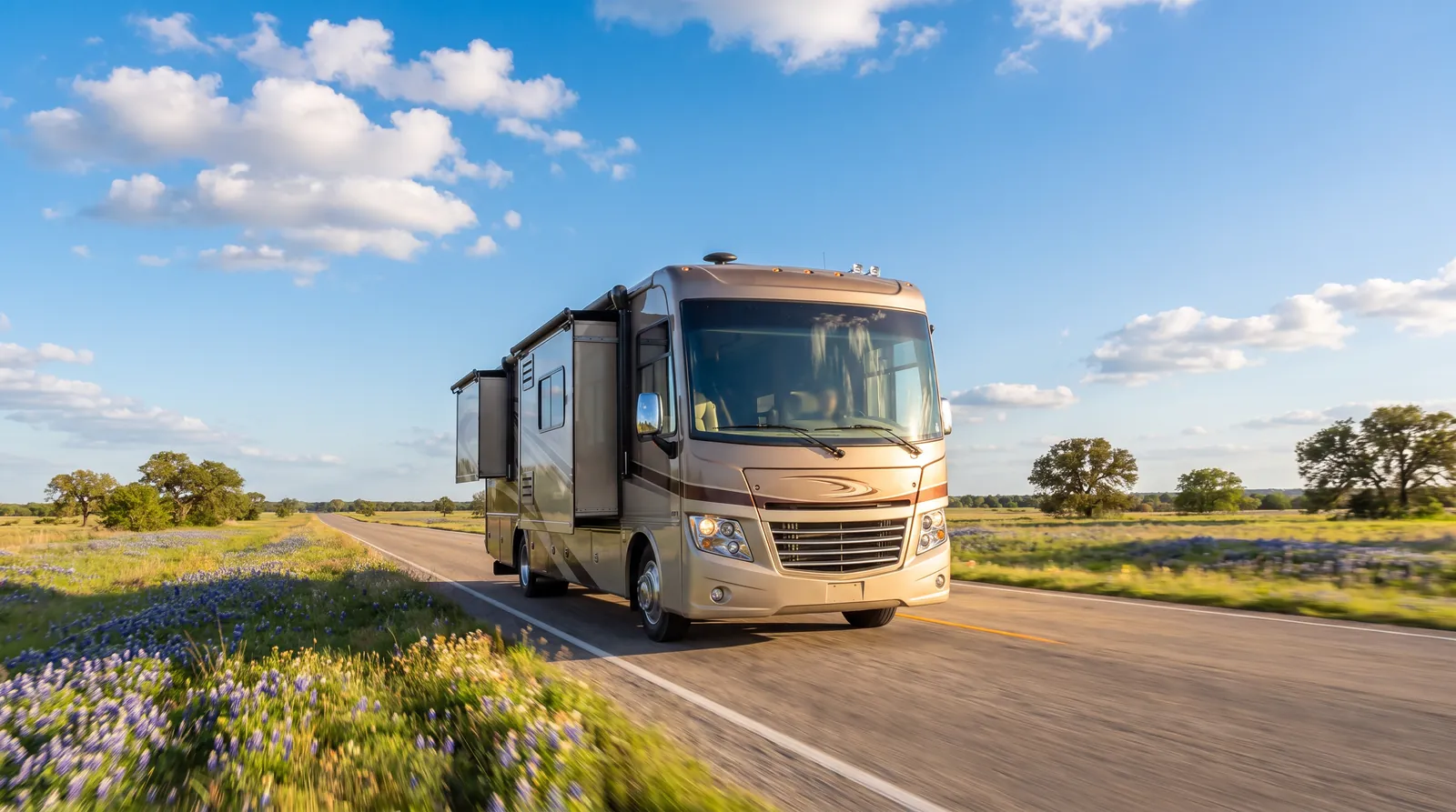 An RV and a motorcycle on a highway